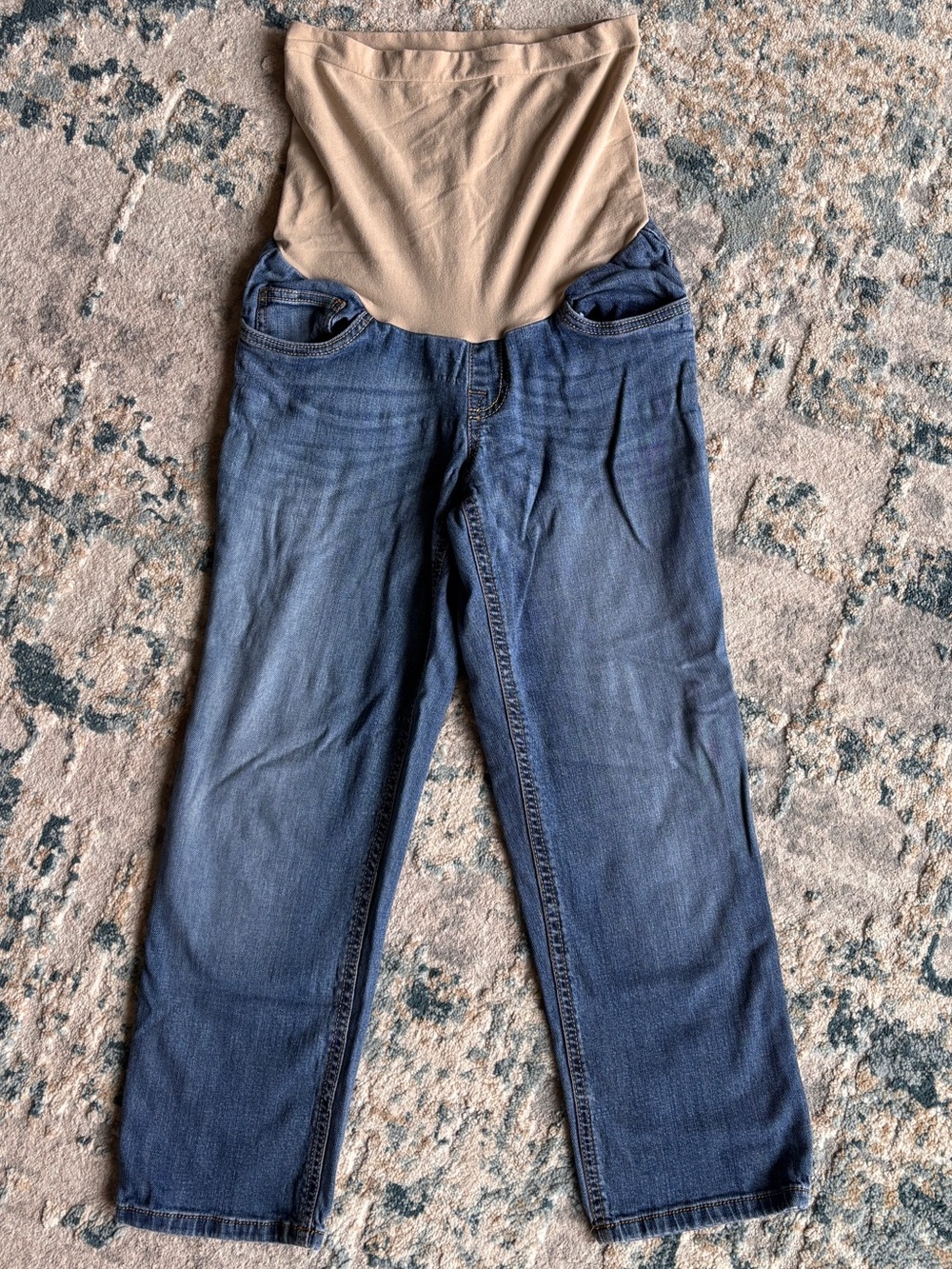 Indigo Blue Women's Straight-Leg Maternity Jeans in Blue with Beige Panel